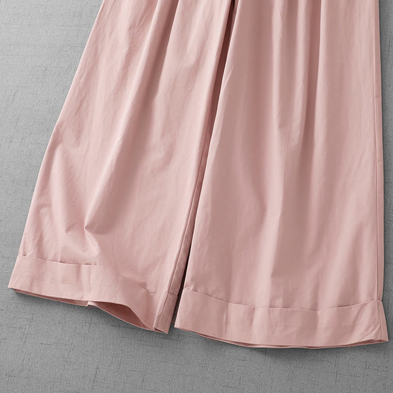 Buddha Stones Casual Plain High Waist Women's Polyester 7-8 Length Wide Leg Pants With Pockets
