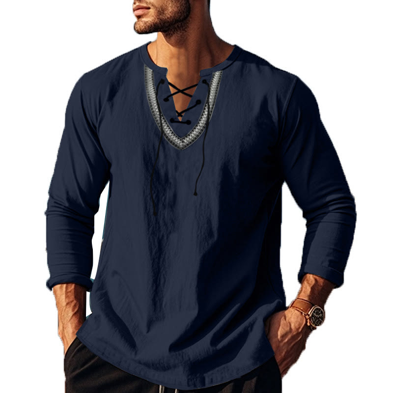Buddha Stones Solid Color Fall Lace-up Men's V-Neck Long Sleeve Cotton Shirt