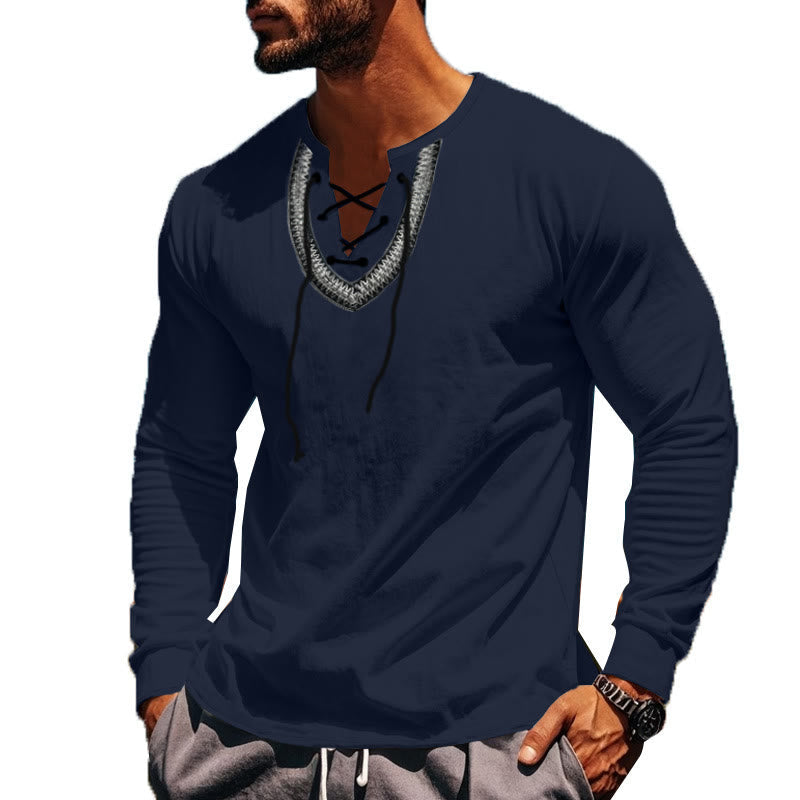 Buddha Stones Solid Color Fall Lace-up Men's V-Neck Long Sleeve Cotton Shirt