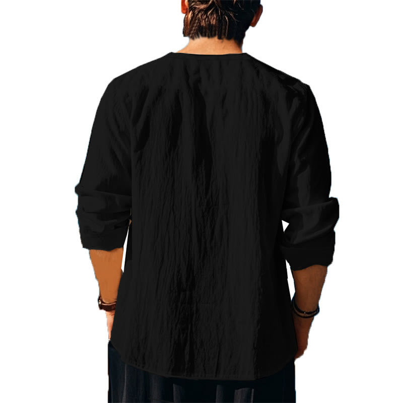 Buddha Stones Solid Color Fall Lace-up Men's V-Neck Long Sleeve Cotton Shirt