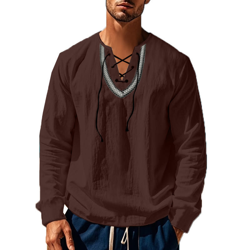 Buddha Stones Solid Color Fall Lace-up Men's V-Neck Long Sleeve Cotton Shirt