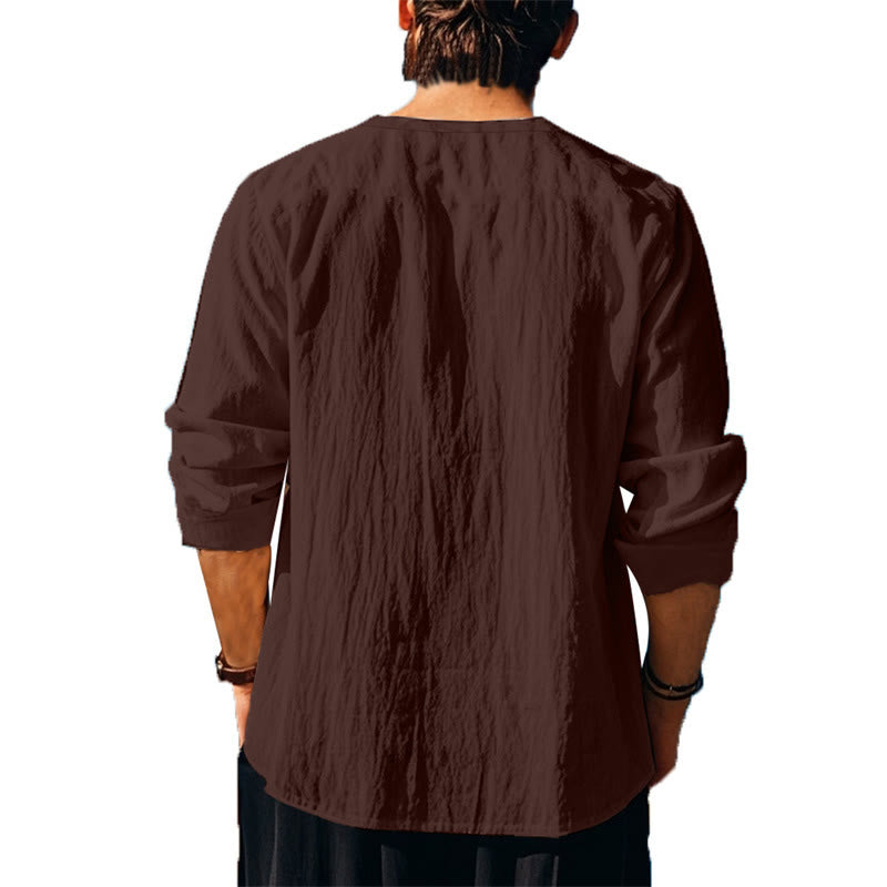 Buddha Stones Solid Color Fall Lace-up Men's V-Neck Long Sleeve Cotton Shirt