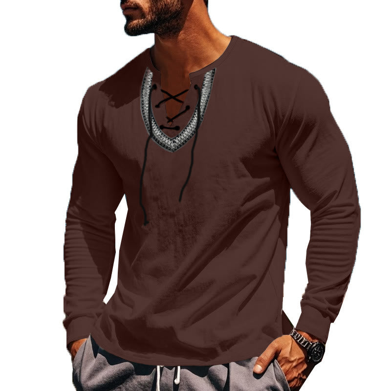 Buddha Stones Solid Color Fall Lace-up Men's V-Neck Long Sleeve Cotton Shirt