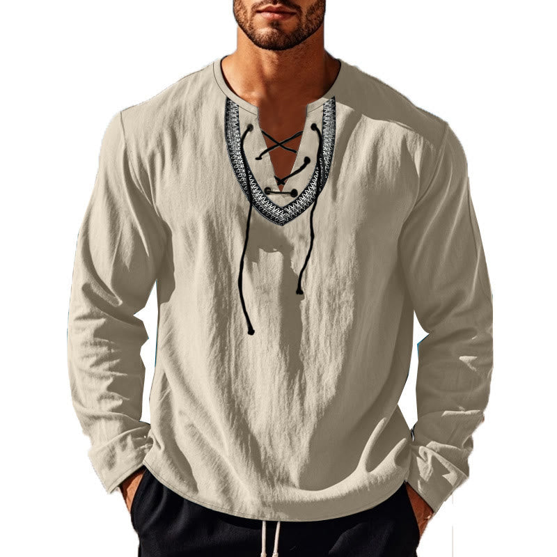 Buddha Stones Solid Color Fall Lace-up Men's V-Neck Long Sleeve Cotton Shirt