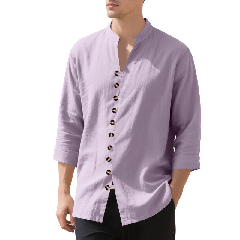 Buddha Stones Solid Color Buttons Fall Long Sleeve Linen Men's Shirt