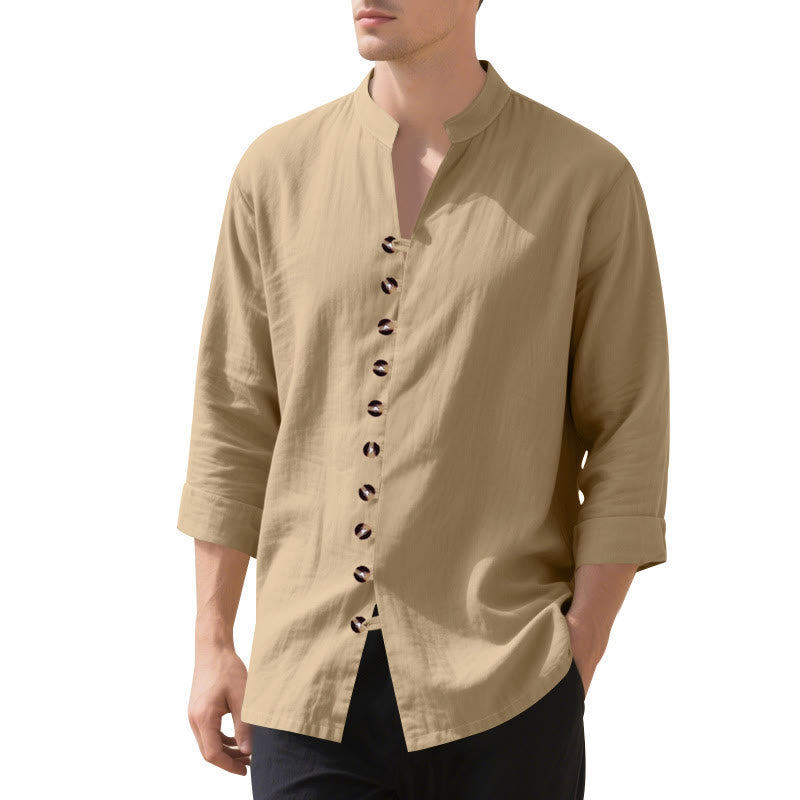 Buddha Stones Solid Color Buttons Fall Long Sleeve Linen Men's Shirt
