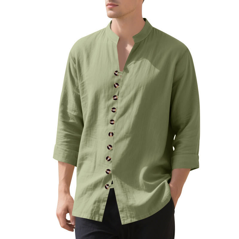 Buddha Stones Solid Color Buttons Fall Long Sleeve Linen Men's Shirt