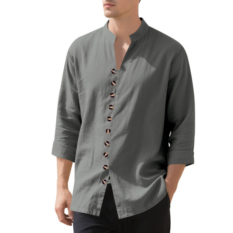 Buddha Stones Solid Color Buttons Fall Long Sleeve Linen Men's Shirt