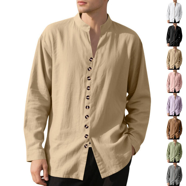 Buddha Stones Solid Color Buttons Fall Long Sleeve Linen Men's Shirt