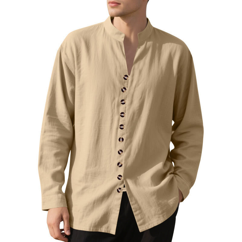 Buddha Stones Solid Color Buttons Fall Long Sleeve Linen Men's Shirt
