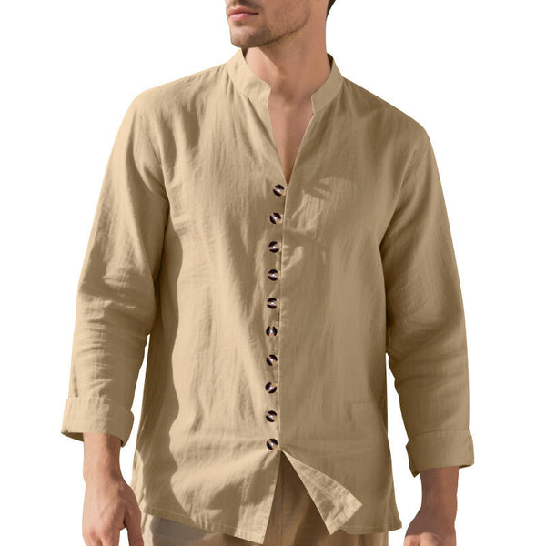 Buddha Stones Solid Color Buttons Fall Long Sleeve Linen Men's Shirt