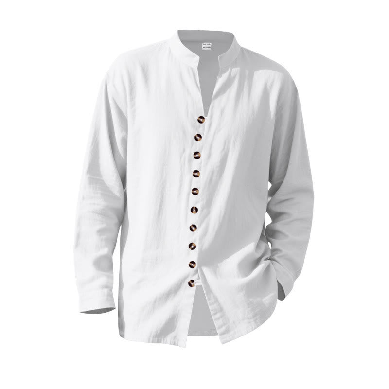 Buddha Stones Solid Color Buttons Fall Long Sleeve Linen Men's Shirt