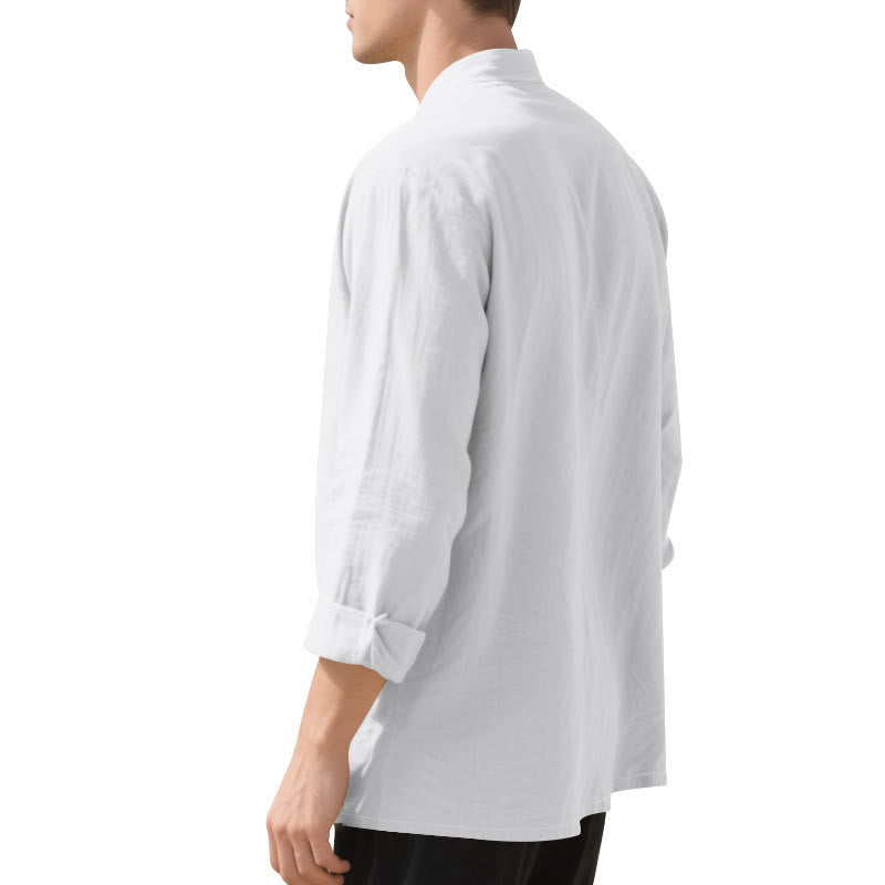 Buddha Stones Solid Color Buttons Fall Long Sleeve Linen Men's Shirt