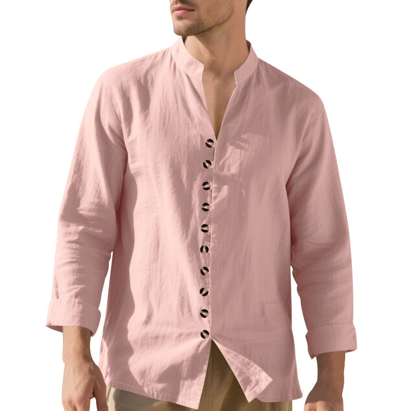 Buddha Stones Solid Color Buttons Fall Long Sleeve Linen Men's Shirt