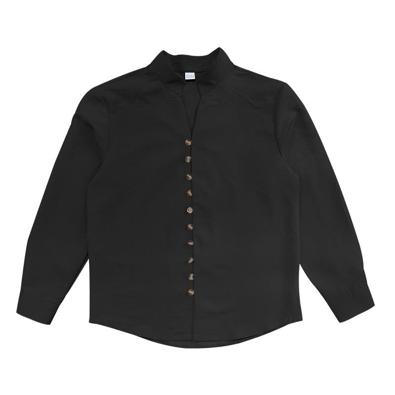 Buddha Stones Solid Color Buttons Fall Long Sleeve Linen Men's Shirt