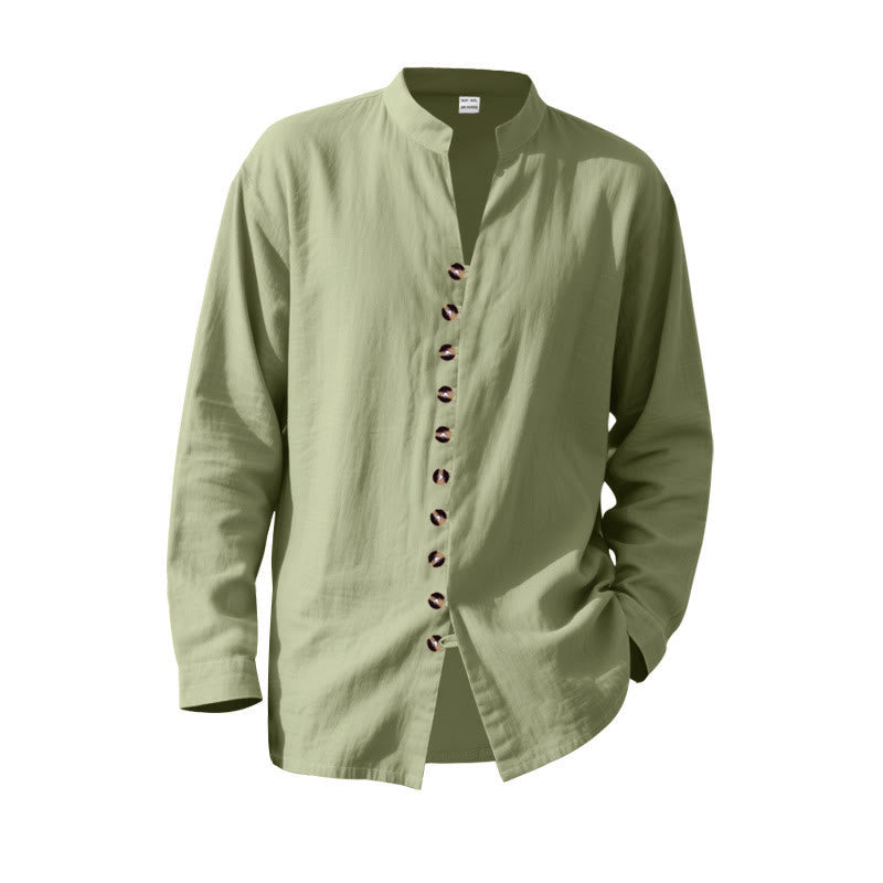 Buddha Stones Solid Color Buttons Fall Long Sleeve Linen Men's Shirt