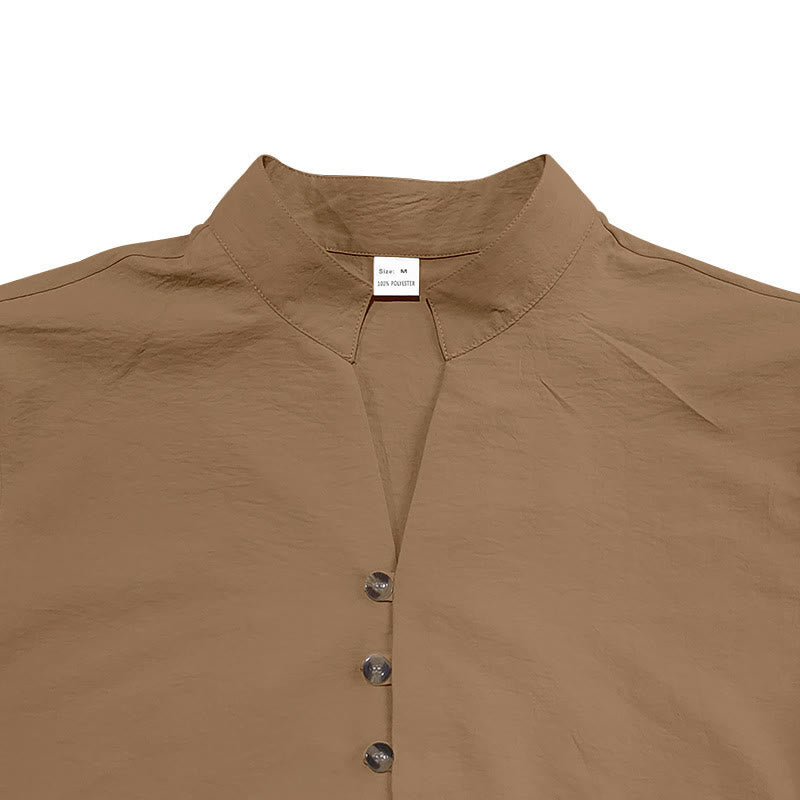 Buddha Stones Solid Color Buttons Fall Long Sleeve Linen Men's Shirt