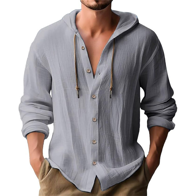 Buddha Stones Solid Color Long Sleeve Hooded Drawstring Buttons Linen Men's Shirt