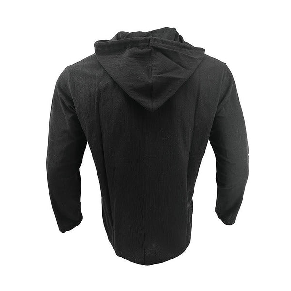 Buddha Stones Solid Color Long Sleeve Hooded Drawstring Buttons Linen Men's Shirt