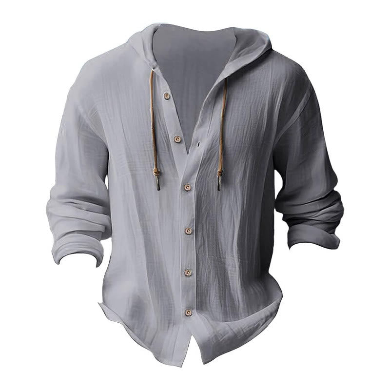 Buddha Stones Solid Color Long Sleeve Hooded Drawstring Buttons Linen Men's Shirt
