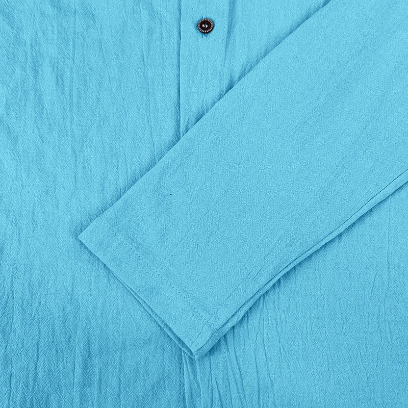 Buddha Stones Solid Color Long Sleeve Hooded Drawstring Buttons Linen Men's Shirt