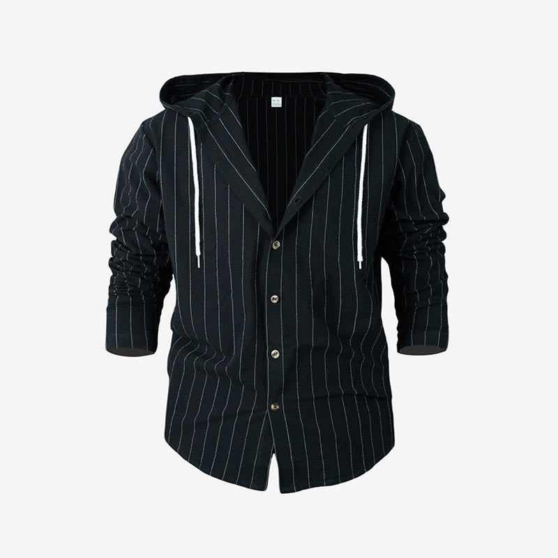 Buddha Stones Solid Long Sleeve Hooded Stripes Drawstring Buttons Linen Men's Shirt