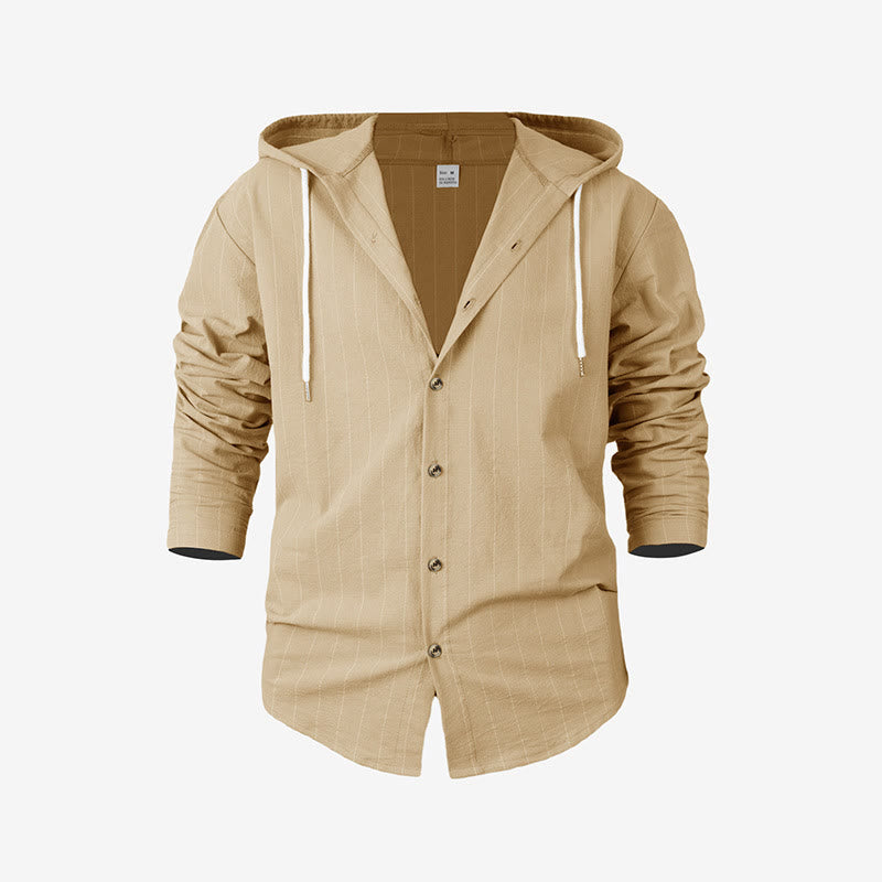 Buddha Stones Solid Long Sleeve Hooded Stripes Drawstring Buttons Linen Men's Shirt