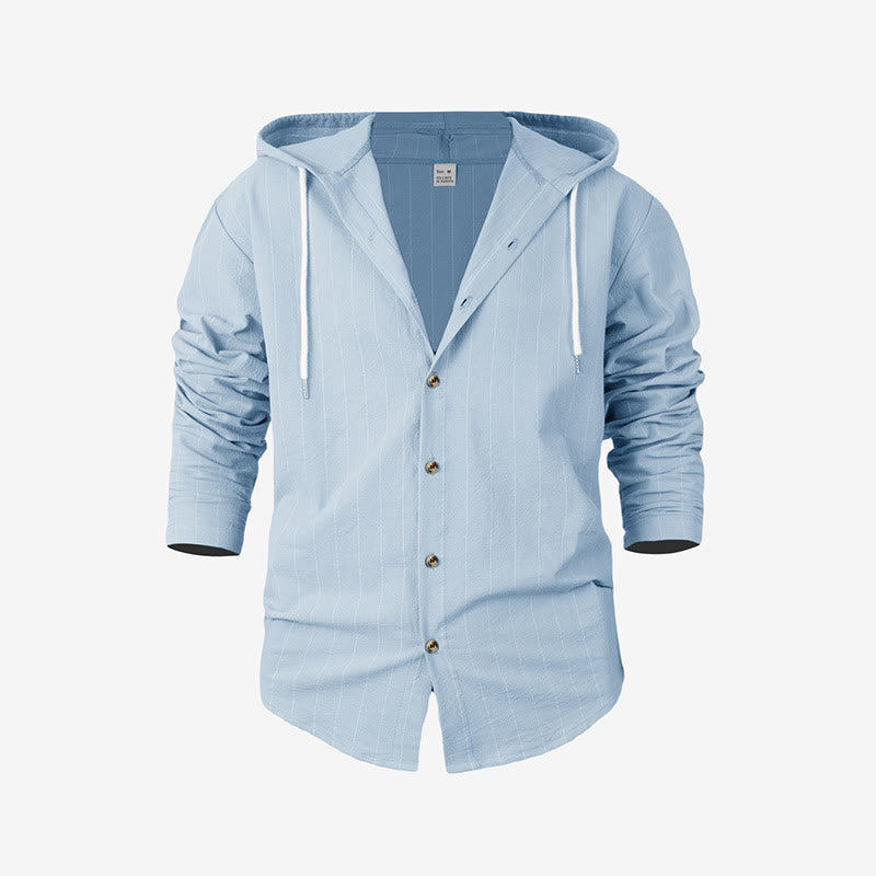 Buddha Stones Solid Long Sleeve Hooded Stripes Drawstring Buttons Linen Men's Shirt