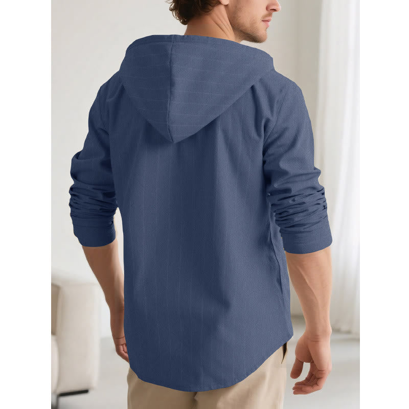 Buddha Stones Solid Long Sleeve Hooded Stripes Drawstring Buttons Linen Men's Shirt