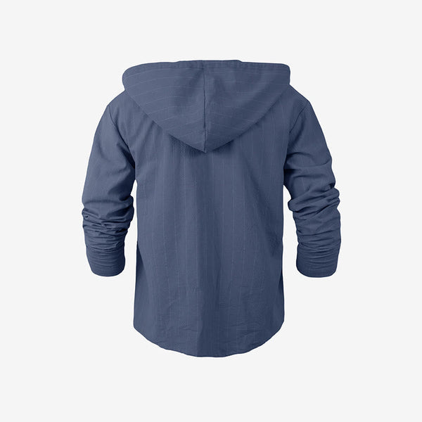Buddha Stones Solid Long Sleeve Hooded Stripes Drawstring Buttons Linen Men's Shirt