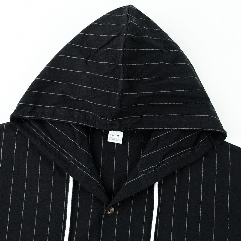 Buddha Stones Solid Long Sleeve Hooded Stripes Drawstring Buttons Linen Men's Shirt