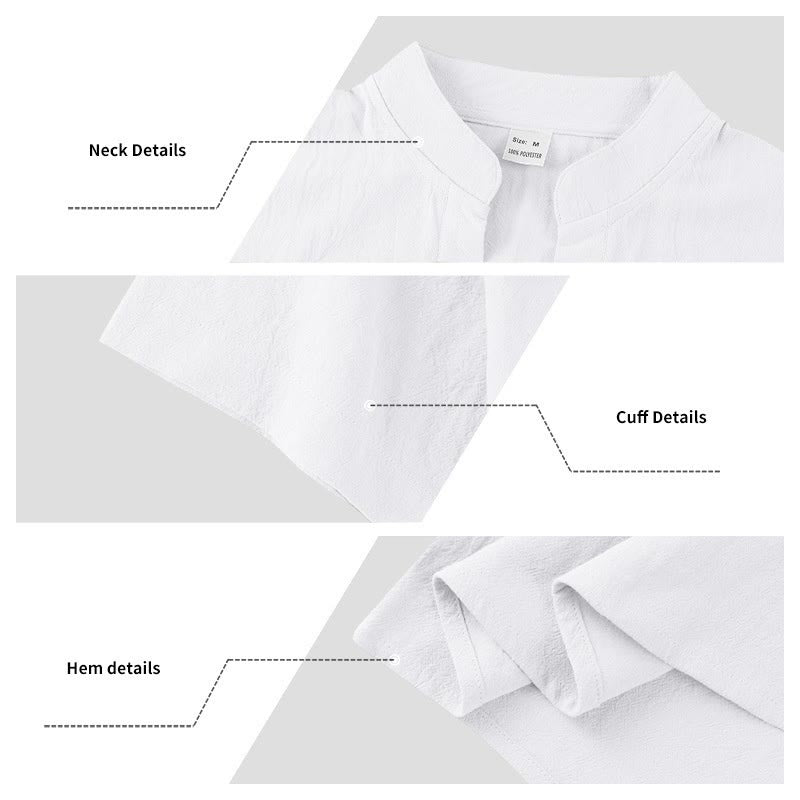 Buddha Stones Solid Summer Short Sleeve Half Buttons Linen Men's Shirt