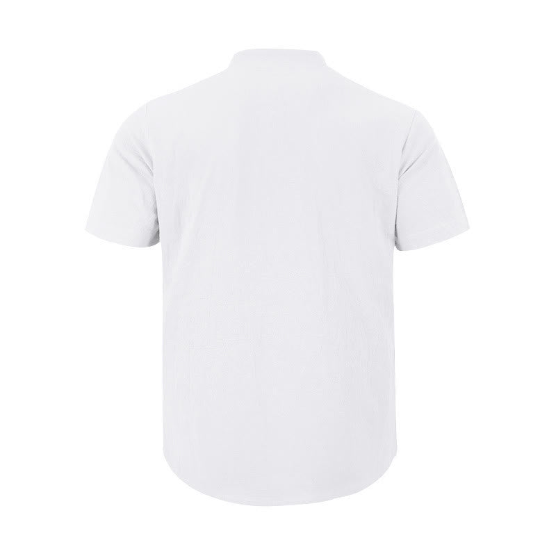 Buddha Stones Solid Summer Short Sleeve Half Buttons Linen Men's Shirt