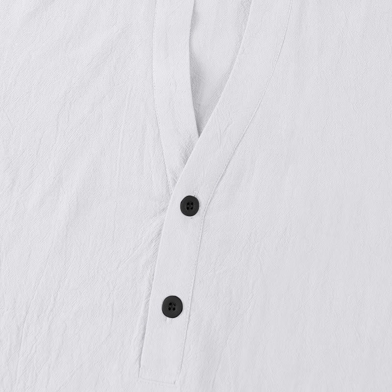 Buddha Stones Solid Summer Short Sleeve Half Buttons Linen Men's Shirt