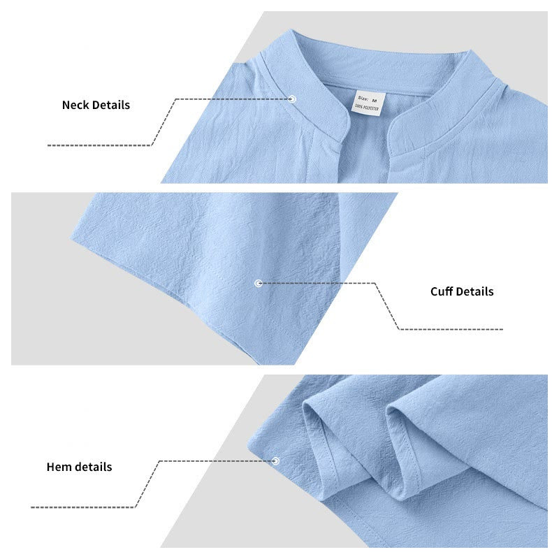 Buddha Stones Solid Summer Short Sleeve Half Buttons Linen Men's Shirt