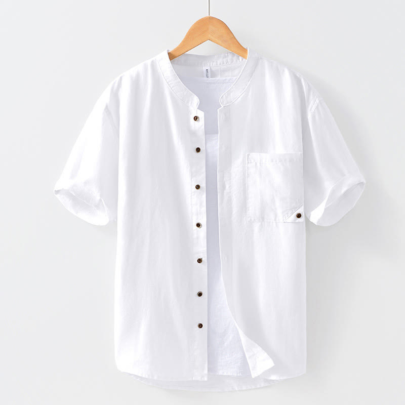 Buddha Stones Summer Buttons Short Sleeve Ramie Linen Cotton Men's Shirt