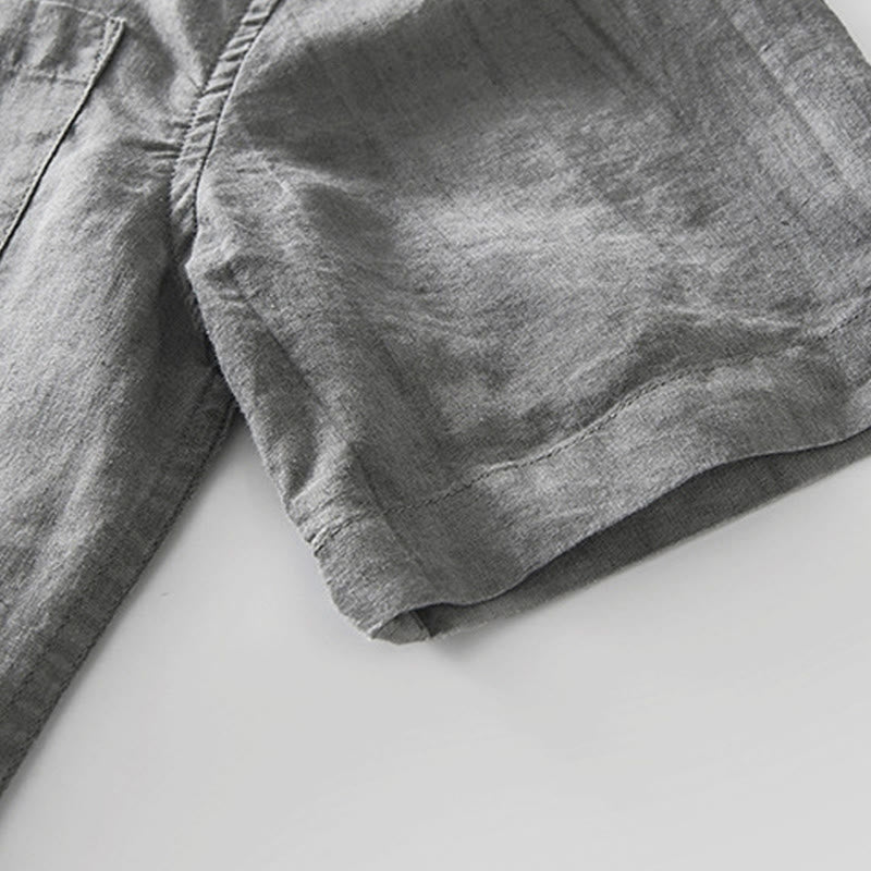 Buddha Stones Summer Buttons Short Sleeve Ramie Linen Cotton Men's Shirt