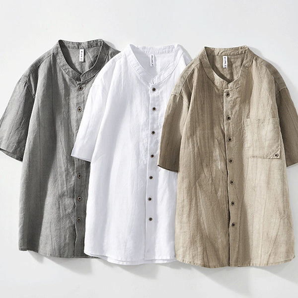 Buddha Stones Summer Buttons Short Sleeve Ramie Linen Cotton Men's Shirt