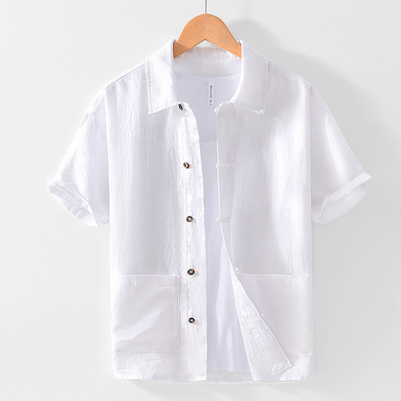 Buddha Stones Solid Summer Short Sleeve Buttons Linen Men's Shirt With Pockets