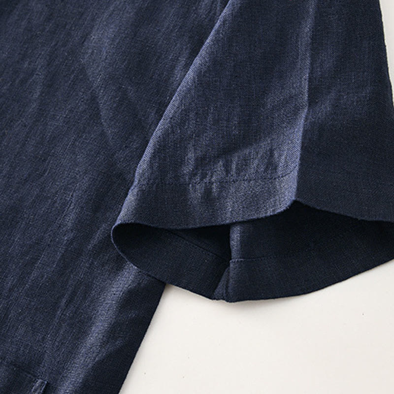 Buddha Stones Solid Summer Short Sleeve Buttons Linen Men's Shirt With Pockets