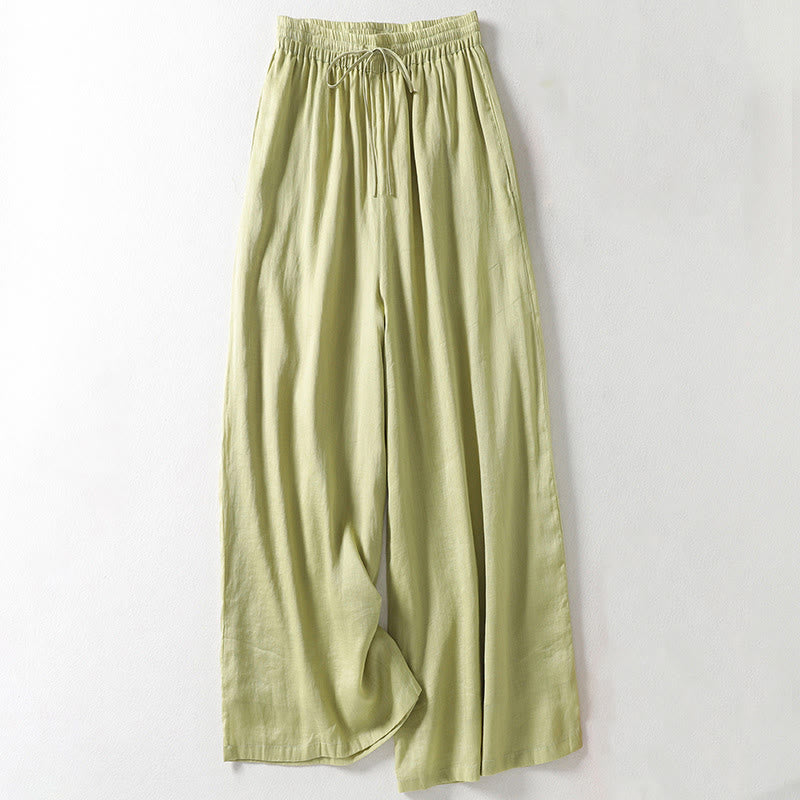 Buddha Stones Casual Drawstring Cotton Linen Ankle-Length Women's Wide Leg Pants With Pockets