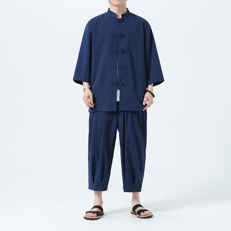 Buddha Stones 2Pcs Solid Frog-Button Three Quarter Sleeve Shirt Pants Men's Set