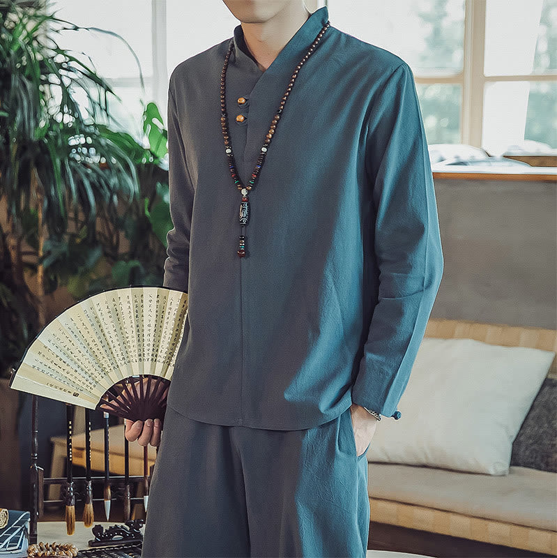 Buddha Stones 2Pcs Cotton Shirt Ankle-Length Pants With Pockets Men's Meditation Cloth Set