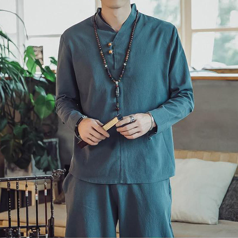 Buddha Stones 2Pcs Cotton Shirt Ankle-Length Pants With Pockets Men's Meditation Cloth Set