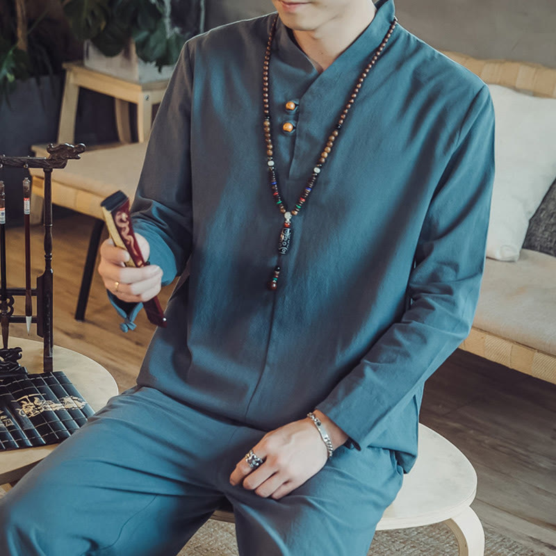 Buddha Stones 2Pcs Cotton Shirt Ankle-Length Pants With Pockets Men's Meditation Cloth Set