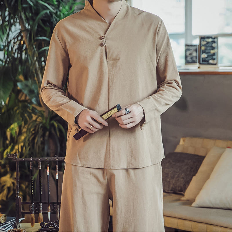 Buddha Stones 2Pcs Cotton Shirt Ankle-Length Pants With Pockets Men's Meditation Cloth Set
