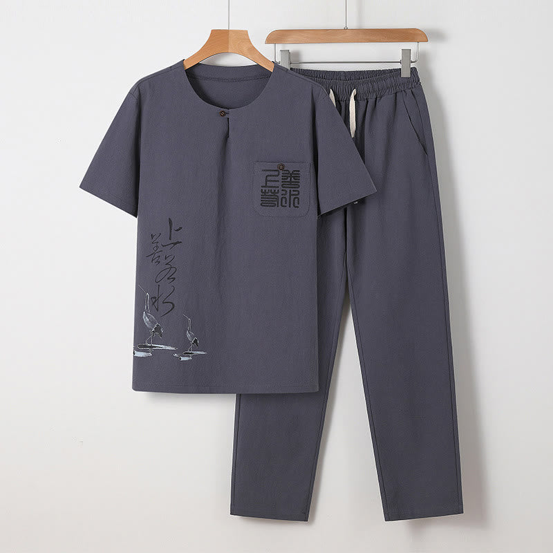 Buddha Stones 2Pcs Chinese Characters Crane Cotton Shirt Pants With Pockets Men's Meditation Cloth Set