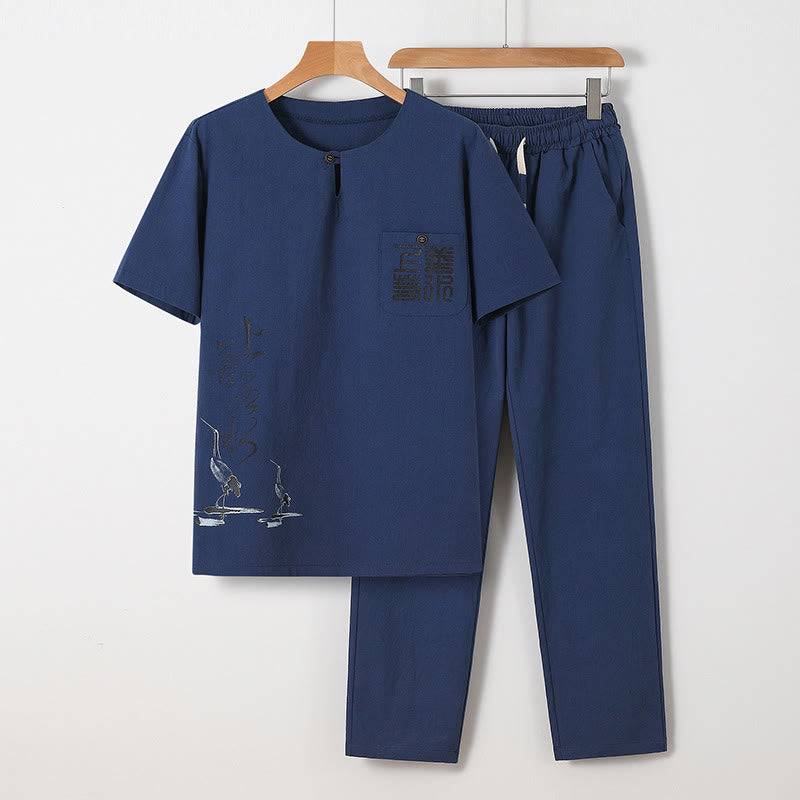 Buddha Stones 2Pcs Chinese Characters Crane Cotton Shirt Pants With Pockets Men's Meditation Cloth Set