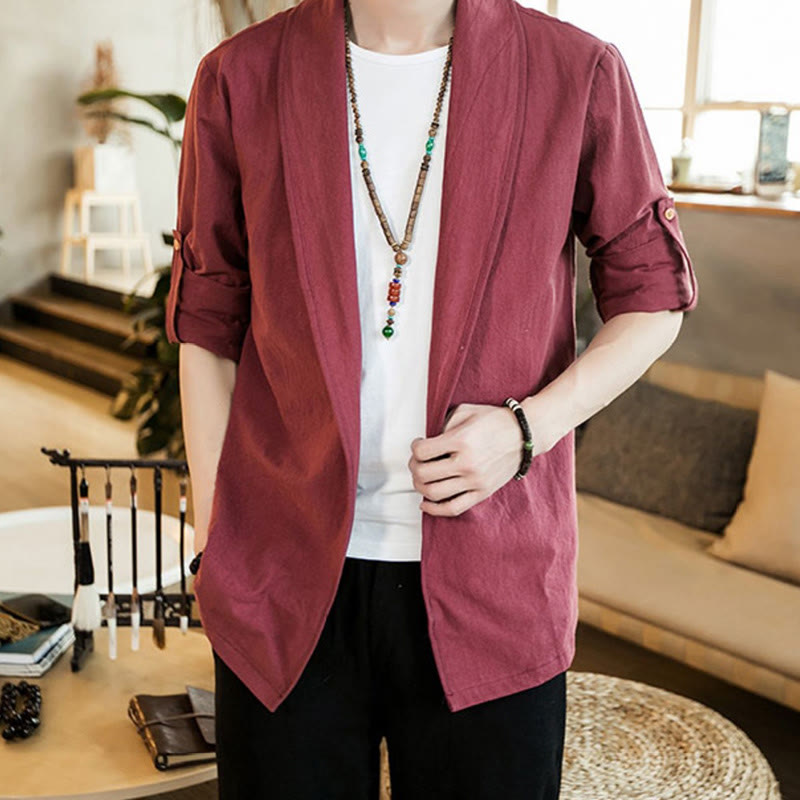 Buddha Stones Vintage Plain Lapel Open Front Jacket Cotton Men's Kimono