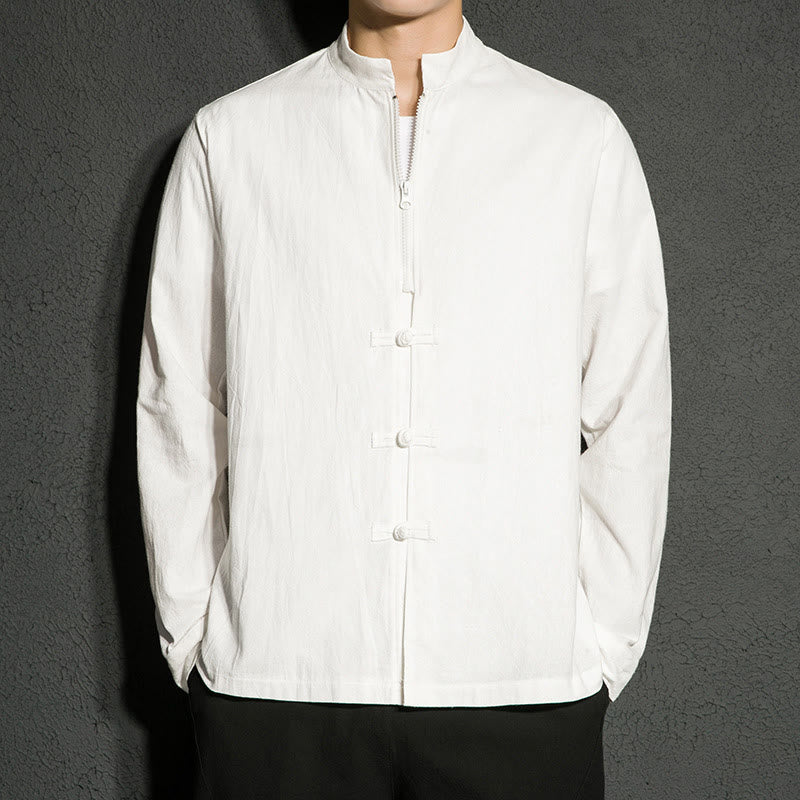 Buddha Stones Plain Zipper Chinese Frog-Button Cotton Long Sleeve Men's Shirt